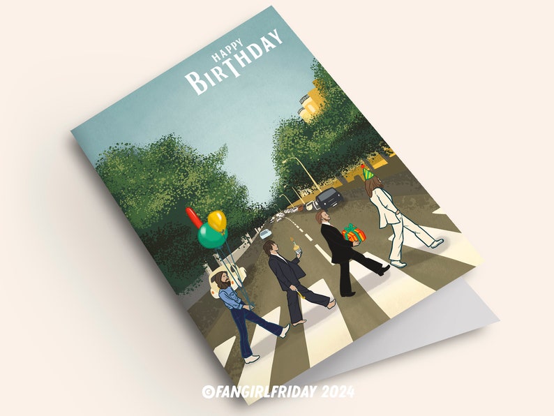Carte d'anniversaire des Beatles • Illustration inspirée des Beatles Abbey Road « Happy Birthday » • Musique des années 1960 image 6
