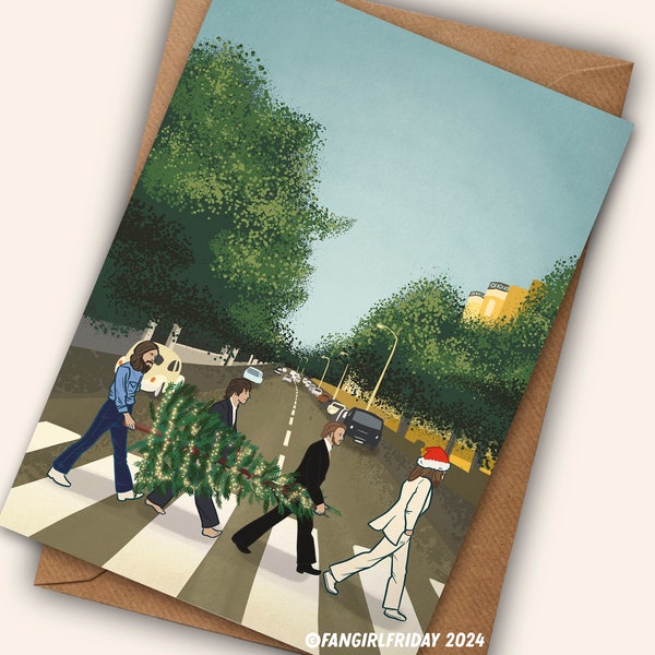 Beatles-Weihnachtskarte – von den Beatles inspirierte Illustration für Musikfans der 1960er Jahre, Abbey Road-Plattencover, Grußkarte im A5- oder A6-Format