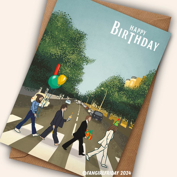 Beatles verjaardagskaart • The Beatles Abbey Road geïnspireerde illustratie "Happy Birthday" • jaren 1960 muziekfan • platenhoes albumhoezen • Liverpool