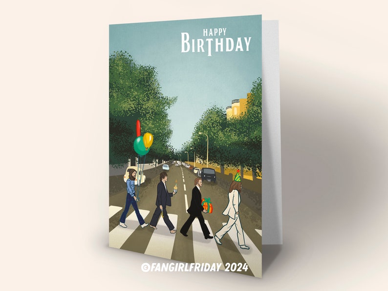 Carte d'anniversaire des Beatles • Illustration inspirée des Beatles Abbey Road « Happy Birthday » • Musique des années 1960 image 8