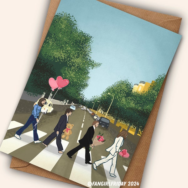 Tarjeta de aniversario de los Beatles o tarjeta del día de San Valentín, ilustración digital original para un fanático de la música de los años 60, portada del disco Abbey Road