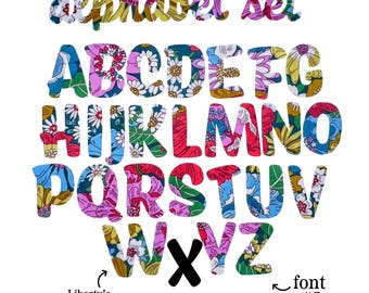 May include: An alphabet set featuring letters A through Z in a floral fabric pattern with vibrant colours including pink, blue, yellow, and green. The text "alphabet set" appears at the top, and "Liberty's 'Summer in the Sun' fabric #111" and "font #8" are at the bottom.