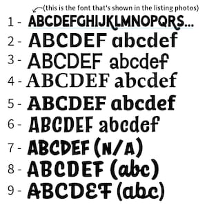 May include: A black and white chart displaying nine distinct font styles labelled 1 through 9. Each row shows uppercase and lowercase letters in various typefaces. The top row includes a note stating this is the font shown in the listing photos.