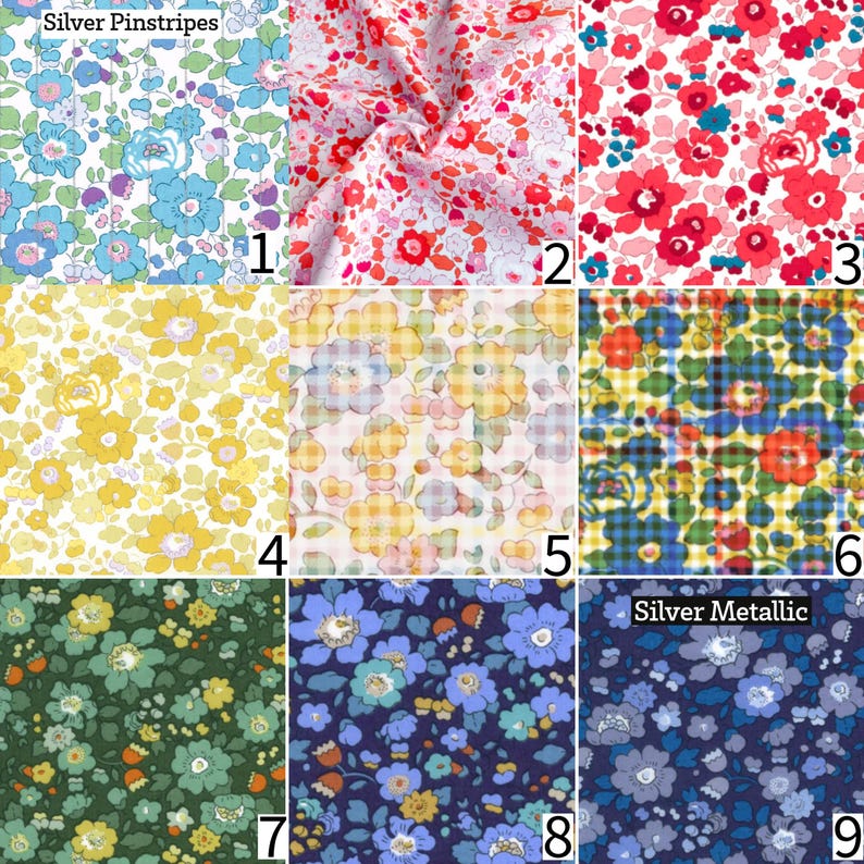 May include: A grid of nine fabric swatches featuring various floral patterns. Swatch 1 has blue flowers and silver pinstripes. Swatches 2 and 3 show red and pink floral prints. Swatches 4, 5, and 6 display yellow and multicoloured floral designs. Swatches 7, 8, and 9 feature dark green, blue, and navy floral patterns, with swatch 9 including silver metallic accents.