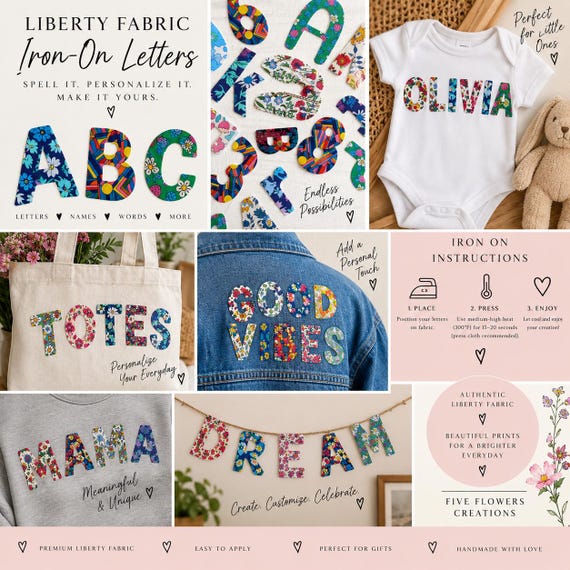 Custom Liberty Fabric Letters and Numbers, Stitchable or No-Sew Iron-On Appliques