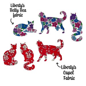 Set di 3 gatti, applicazione di gatti in tessuto da stirare, 70 tessuti Liberty, per patchwork quilting, vestiti riciclati, kit decorativo per baby shower.