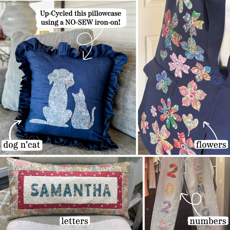 May include: A collection of up-cycled items including a navy blue ruffled pillowcase with a floral dog and cat applique, a navy blazer with floral appliques, a rectangular pillow with the name SAMANTHA, and light wash jeans with 2024 SENIOR appliques.