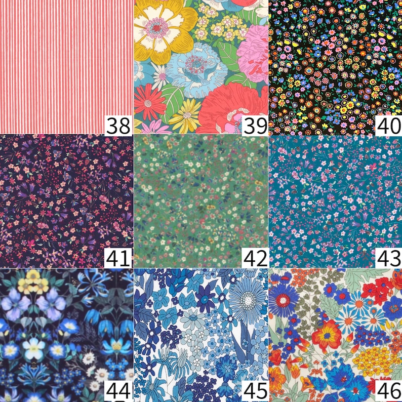 May include: A grid of nine fabric swatches labelled 38 through 46. Patterns include red and white stripes, large colourful floral prints, and various small-scale ditsy floral designs in black, dark blue, green, teal, and white colour palettes.