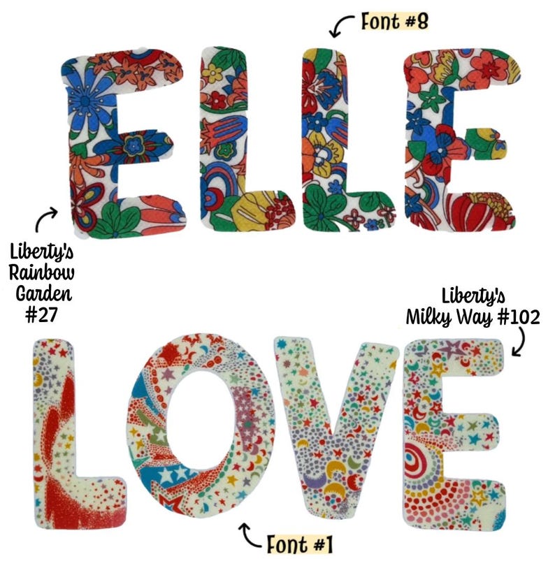 May include: Two rows of fabric letters. The top row spells ELLE in a floral pattern labeled Liberty's Rainbow Garden #27 and Font #8. The bottom row spells LOVE in a celestial pattern labeled Liberty's Milky Way #102 and Font #1.