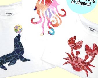 Beach Onesie Decorating Kit: Baby Shower Craft Station with Liberty fabric Iron-Ons in Seaside Shapes, Easy No Sewing experience needed