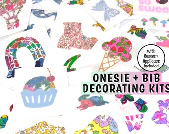 Onesie & Bib Decorating Kit: Liberty of London fabric appliques, Custom Iron-On Designs, Easy No Sew, Optional Bibs+Onesies®