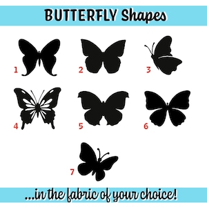 Può includere: Immagine con sette sagome di farfalle nere, numerate da 1 a 7. Il testo "BUTTERFLY Shapes" è in alto, con la frase "...in the fabric of your choice!" in basso. Le farfalle sono in diversi design, per la personalizzazione del tessuto.