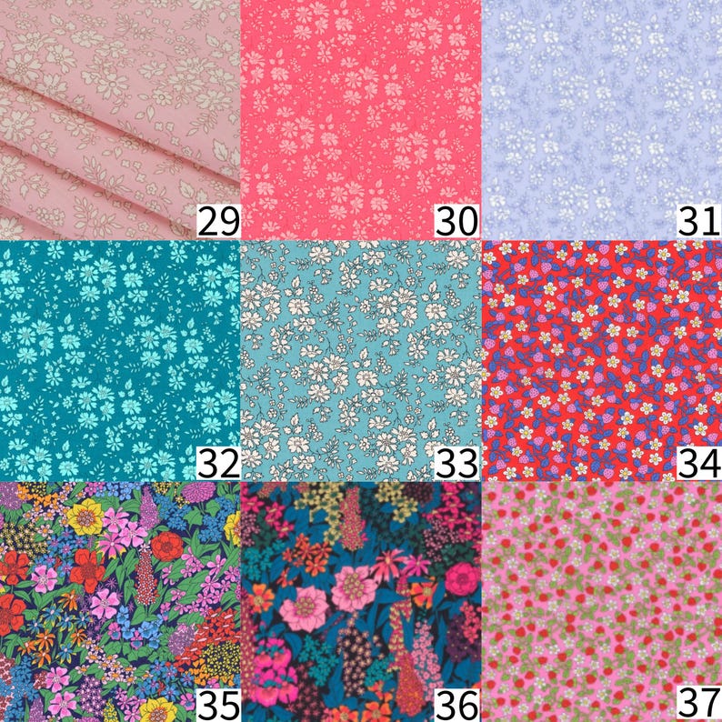 May include: A grid of nine fabric swatches featuring various floral patterns. The designs include pink, coral, light blue, teal, turquoise, red, and dark blue backgrounds with small and large flower prints, numbered 29 through 37.