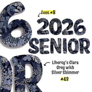 Op de afbeelding: Grote cijfers en letters met de tekst 6, 2026 en SENIOR, voorzien van een donkerblauw en grijs bloemenpatroon met een zilveren glans. De afbeelding bevat de labels Font #8 en Liberty's Ciara Grey with Silver Shimmer #43 met pijlen.
