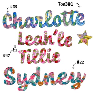 Könnte beinhalten: Vier Namen in einer Schreibschrift mit Blumenmustern: Charlotte, Leah'le, Tillie und Sydney. Die Namen zeigen verschiedene bunte Blumen- und Erdbeerdrucke. Ein kleiner fünfzackiger Stern mit Blumenmuster ist enthalten. Die Beschriftungen #39, #47, #22 und Font#1 sind sichtbar.