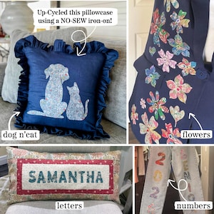 May include: A collage of four items featuring iron-on fabric appliques: a navy blue ruffled pillowcase with a dog and cat silhouette, a navy blazer with floral appliques, a rectangular pillow with the name SAMANTHA, and jeans with 2026 numbers.