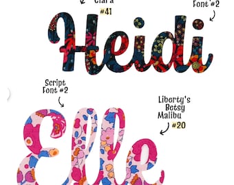 Fabric Iron-On Script Name Applique, Liberty of London fabric cut out letters & numbers, personalized patch