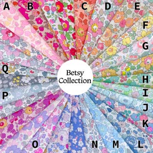 May include: A circular arrangement of fabric swatches featuring various floral patterns in shades of pink, orange, yellow, green, blue, and purple. A central white circle displays the text Betsy Collection in black, with letters A through Q labelled.