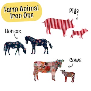 以下が含まれることがあります： Farm Animal Iron Onsというテキストが書かれた、農場の動物の布製アイロン接着ワッペンセット。赤と白のストライプの豚2頭、ダークブルーの花柄の馬2頭、マルチカラーの花柄の牛2頭が含まれています。