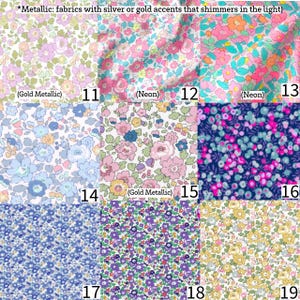 May include: A grid of nine fabric swatches featuring various floral patterns. Designs include light pink, blue, neon, and gold metallic accents on white and dark blue backgrounds, labelled with numbers 11 through 19 and descriptive text.