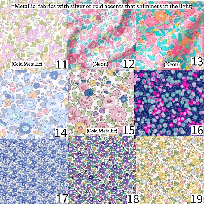 May include: A grid of nine fabric swatches featuring various floral patterns. Designs include light pink, blue, neon, and gold metallic accents on white and dark blue backgrounds, labelled with numbers 11 through 19 and descriptive text.