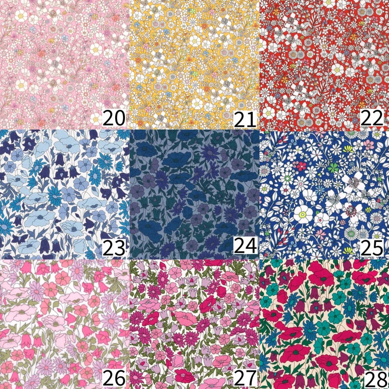 May include: A grid of nine fabric swatches featuring dense floral patterns in various colourways, labelled 20 through 28. The designs include pink, yellow, red, blue, and multi-coloured botanical prints with intricate stems and small blossoms.