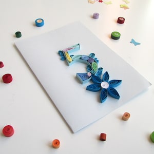 Paper Quilling Happy 5e verjaardag nummerbord mijlpaalkaart, gepersonaliseerd briefpapier, geschenk Peetzoon