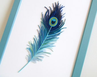 Peacock Feathers Navy Blue Wall Art Decor, Rolling Paper Quilling Art Apartment Decor, 40th Birthday Anniversary Mom Gift