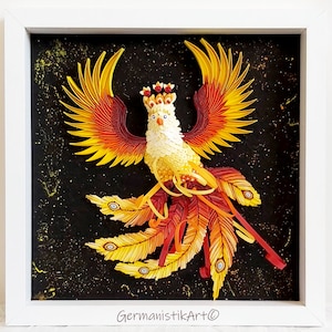 Arte murale 3D Paper Quilling Phoenix Rising Fire, decorazioni fantasy personalizzate con creature mitologiche, regalo di mitologia greca per artisti