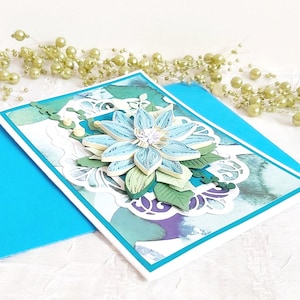 Tarjeta de 50.º aniversario con flor de loto azul y filigrana de papel, adorno floral, propuesta de padrino, regalo para madre