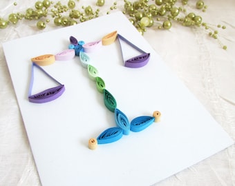 Libra 30th Birthday Anniversary Zodiac Signs Card, Rolling Paper Quilling Art Birth Sign, New Teacher Congratulations Gift, Big Sister Gift