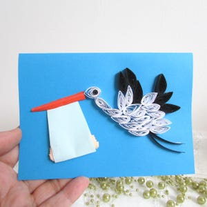 Tarjeta de presentación de embarazo con cigüeña, hecha con papel filigrana, regalo para futura mamá, regalo único de felicitación para bebé varón.