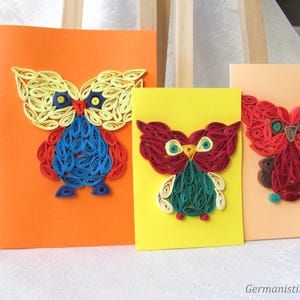 Quilling uil ornament kunstwerk, Good Luck aangepaste verjaardagskaart, grappige stationaire set, afstuderen uitnodigen cadeau vogelliefhebber