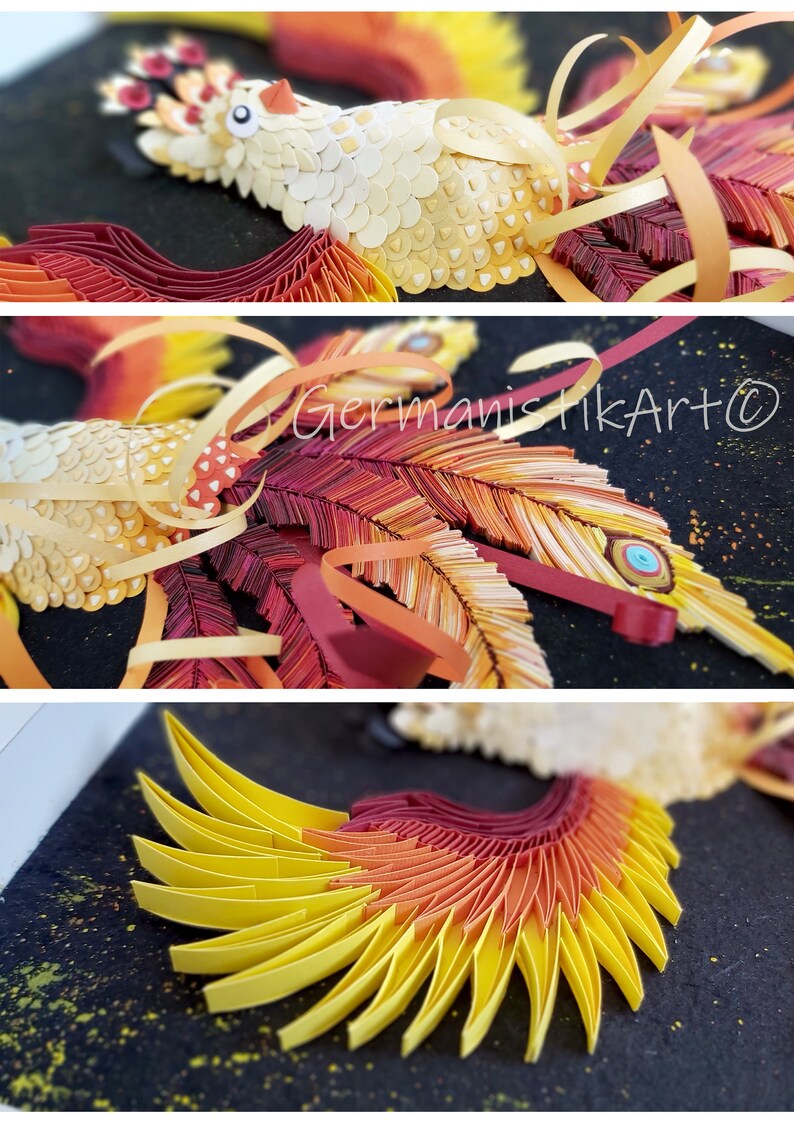 3D Rolling Paper Quilling Golden Phoenix Suns Rising Fire Wall Art, Custom Mythical Creatures Fantasy Decor, Gift For Artists image 7