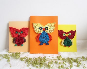 Quilling Owl Ornament Artwork Good Luck Biglietto di compleanno personalizzato, Divertenti biglietti di ringraziamento Set stazionario, Invito di laurea Regalo per amante degli uccelli