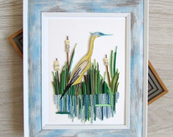 Framed Rolling Paper Quilling Blue Heron Lake House Decor,  Above Bed Danish Pastel Wall Art, Personalized Mentor Bird Lover Gift