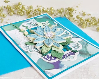 Blaue Lotus Blume Frauen Happy 50th Birthday Jubiläum Karte, Rolling Paper Quilling Art, Paten Vorschlag, Schwägerin Geschenk