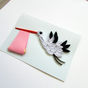 Faire-part de naissance de félicitations de bienvenue de bébé, signe cigogne, carte quilling c'est une fille, cadeau pour une première maman, cadeau pour maman