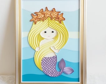 Kleine Meerjungfrau Kern Ozean Thema Kinderzimmer, Rollenpapier Quilling Wandkunst, unter dem Meer Geburt von Venus Patentochter Geschenk, individuelles Baby Geschenk