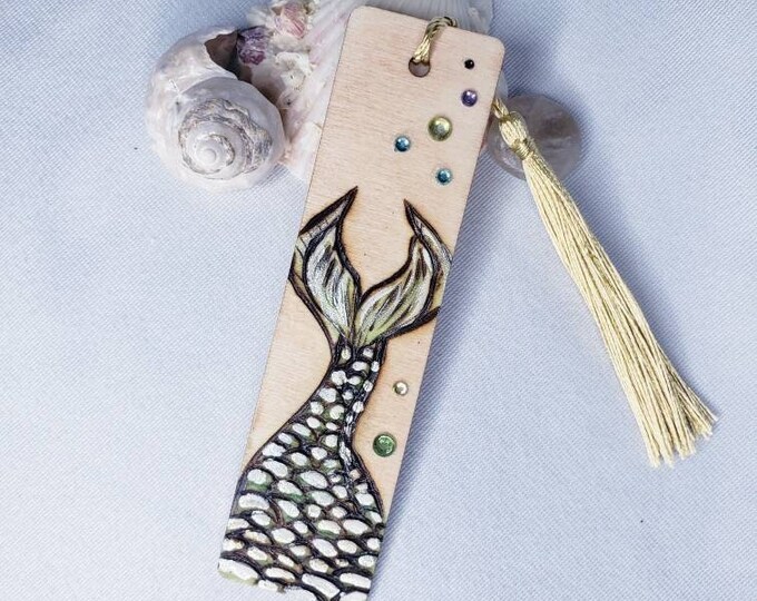 Mermaid Tail Wood Burned Bookmark with Rhinestones and Tassle