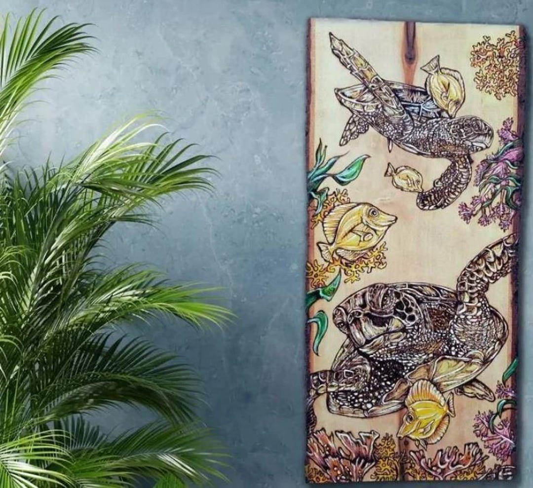Sea Shell Pyrography Sea Turtle Wood Burning Pyrography With Yellow Tang Art - Etsy