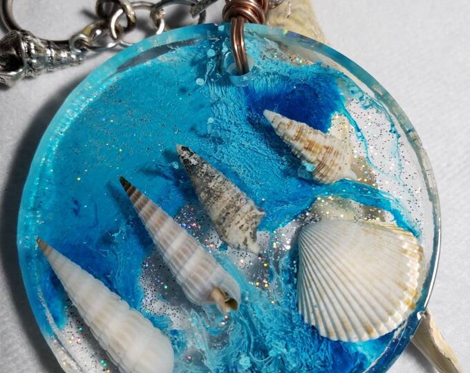 Ocean Blue Tropical Resin Keychain made with Florida Sea Shells
