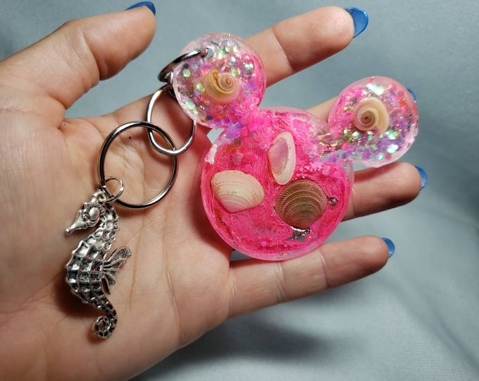 Hot Pink Mouse Ears Tropical Jersey Shore Keychain with Sparkles and Seahorse Charm