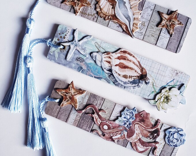Nautical Tropical Wood Bookmarks with Sea Shells, Starfish, Turtle, and Octopus with a Light Blue Metallic Tassle