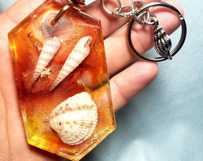 Orange and Yellow Tropical Resin Keychain with Florida Seashells Inside