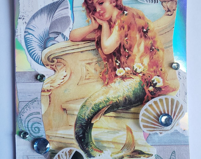 Redhead Vintage Mermaid Blank Handmade Greeting Card One of a Kind