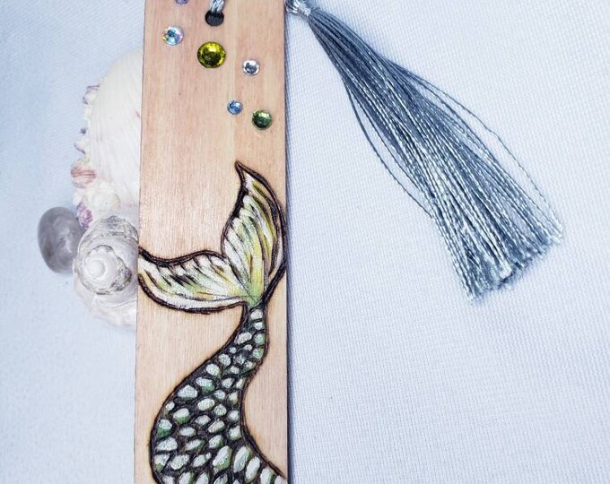 Mermaid Tail Wood Burned Bookmark with Rhinestones and Tassle Pyrography