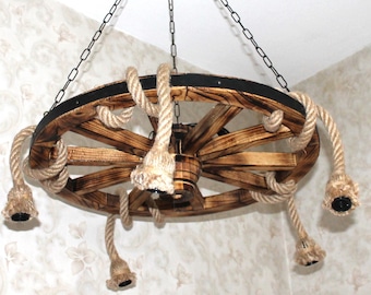 Wooden Wheel Chandelier 70 cm. 5some,Rustic Rope Chandelier,Farmhouse Chandelier