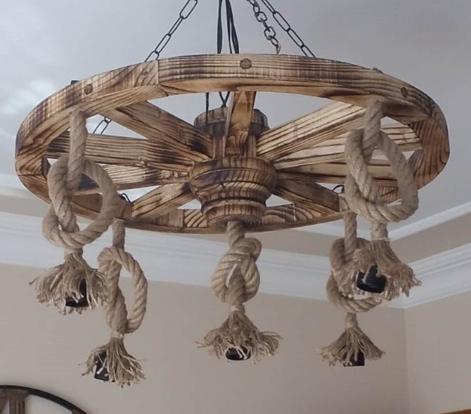 Rustic Rope Lighting Wooden Rope Wheel Chandelier 70 Cm. 5some,rustic Rope Chandelier ...