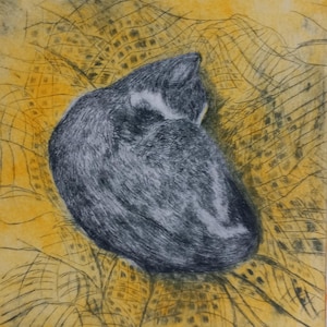Peut inclure: Une gravure en niveaux de gris d'un chat enroulé sur un fond jaune texturé. La fourrure du chat est détaillée avec des ombres, et l'arrière-plan présente un motif en forme de toile d'araignée. L'œuvre est carrée et encadrée.